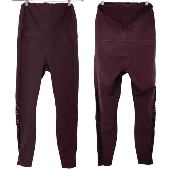 H&M SPORT Maternity Activewear Leggings Size Medium Maroon Sheer Mesh Detail - Picture 1 of 6